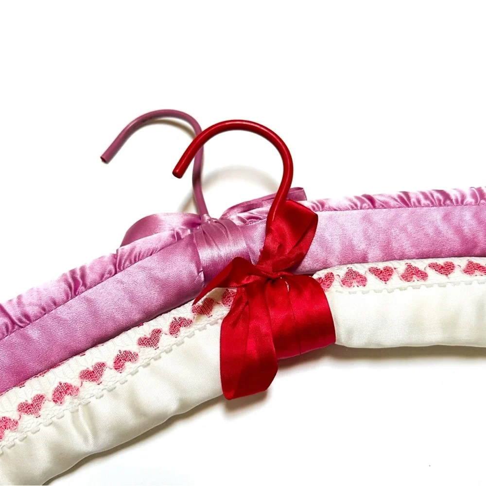 Vintage Pink and White Embroidered Hearts Satin Padded Puffy Hangers